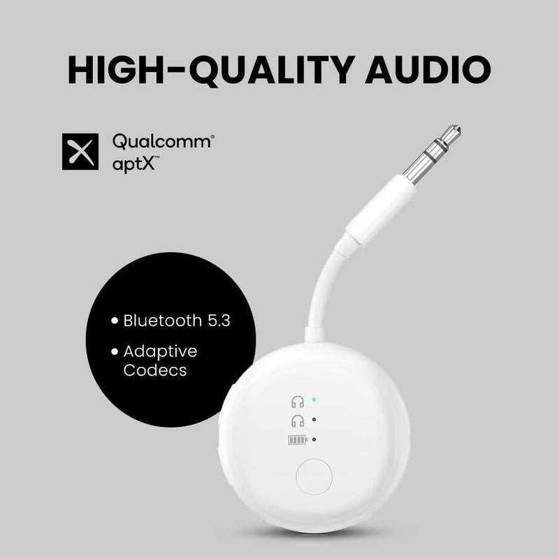 Avantree ساوندجيت R1 – محول بلوتوث للطائرات لمدة 25 ساعة لجميع AirPods (Pro/Max) مع شريحة كوالكوم و aptX Adaptive، ناقل صوت لاسلكي للسفر بالطائرة، يعمل مع سماعات Bose وغيرها - Image 3